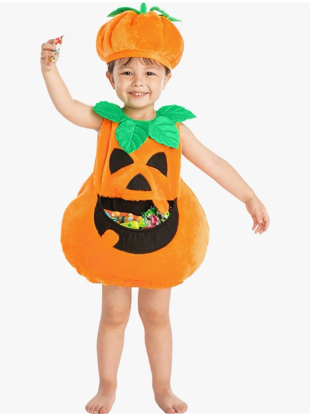 Kids Orange Pumpkin Costume with Green Leaf Collar - Spooktacular Creations. 3T